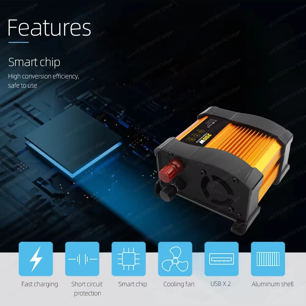 Portable 200W Single Phase Car Power Inverter High-Efficiency Modified Sine Wave DC 12V to AC 220V Converter Automotive Home Use