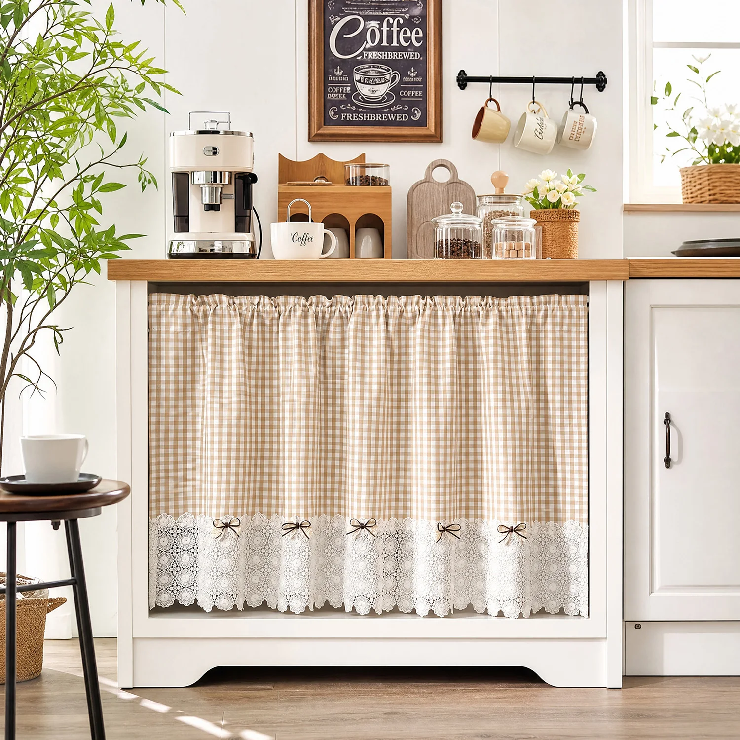 Cottagecore Apricot Gingham Cafe Curtain with Cute Cherry Accents,Rod Pocket Half Curtain for Kitchen Sink,Cabinet,Window,Door