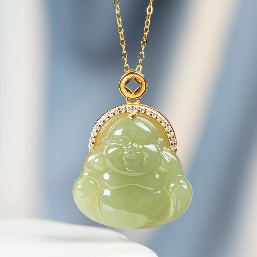 

TIMESWIND Natural Hetian Jade Green Laughing Buddha Zircon Women S925 Silver Necklace with Certificate