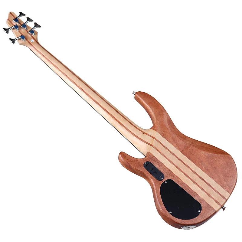 Active 5 String Neck Through Electric Bass Guitar 43 Inch Solid Okoume Body Natural Color Bass Guitar with Free Bag