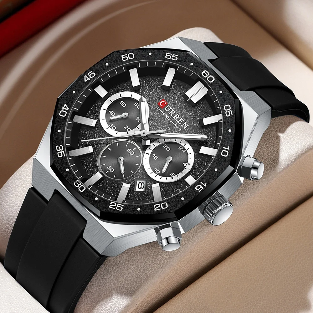 CURREN 8489 Casual Men Quartz Wristwatch Chronograph Multifunction Dial with Date Luminous Hands Silicone Starp Reloj Hombre