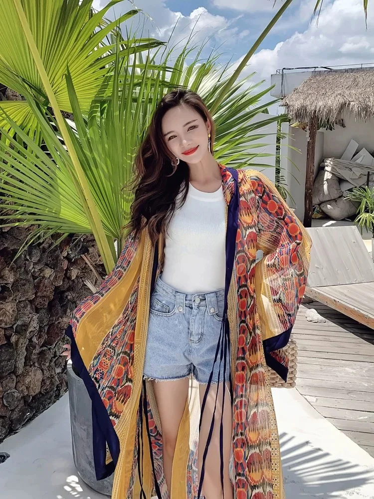Mujer étnico nacional Nepal Sexy cubre Boho Kimono camisa cárdigan largo playa vacaciones viaje con capucha estampado fino vestido Tropical