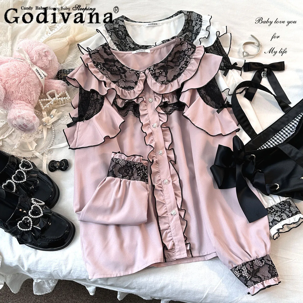 일본 오리지널 로리타 레트로 스위트 레이디 셔츠 대학 스타일 레이스 프릴 엣지 오프 숄더 긴팔 다목적 셔츠