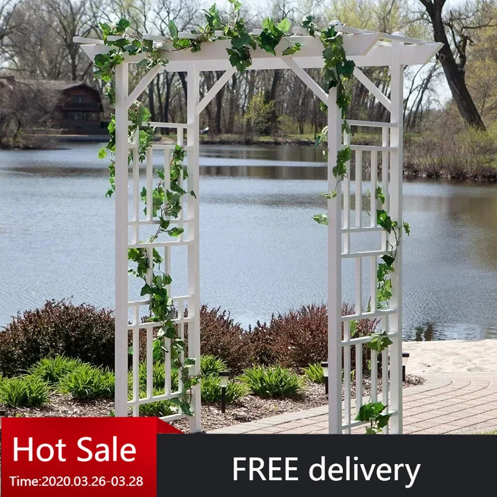 Wellington Arbor, 72 by 95 Inch PVC Patio Garden Arch, Outdoor Backdrop Frame Decoration or Trellis for Climbing Plants, White