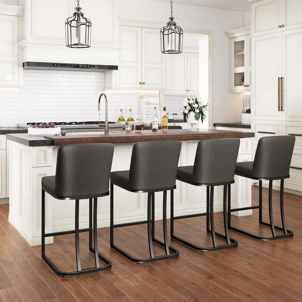 

Set of 4 Dark Grey Faux Leather 24 Counter Height Bar Stools with Backs for Kitchen Island