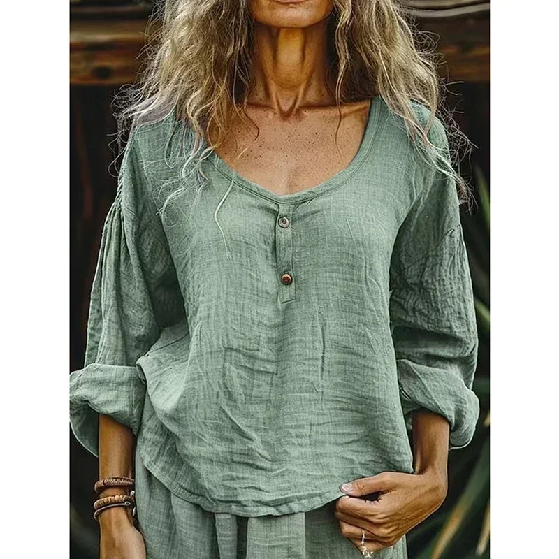 새로운 긴 소매 블라우스 여성 캐주얼 솔리드 컬러 셔츠 여성용 버튼 셔츠 여성 탑 여성 루즈 풀오버