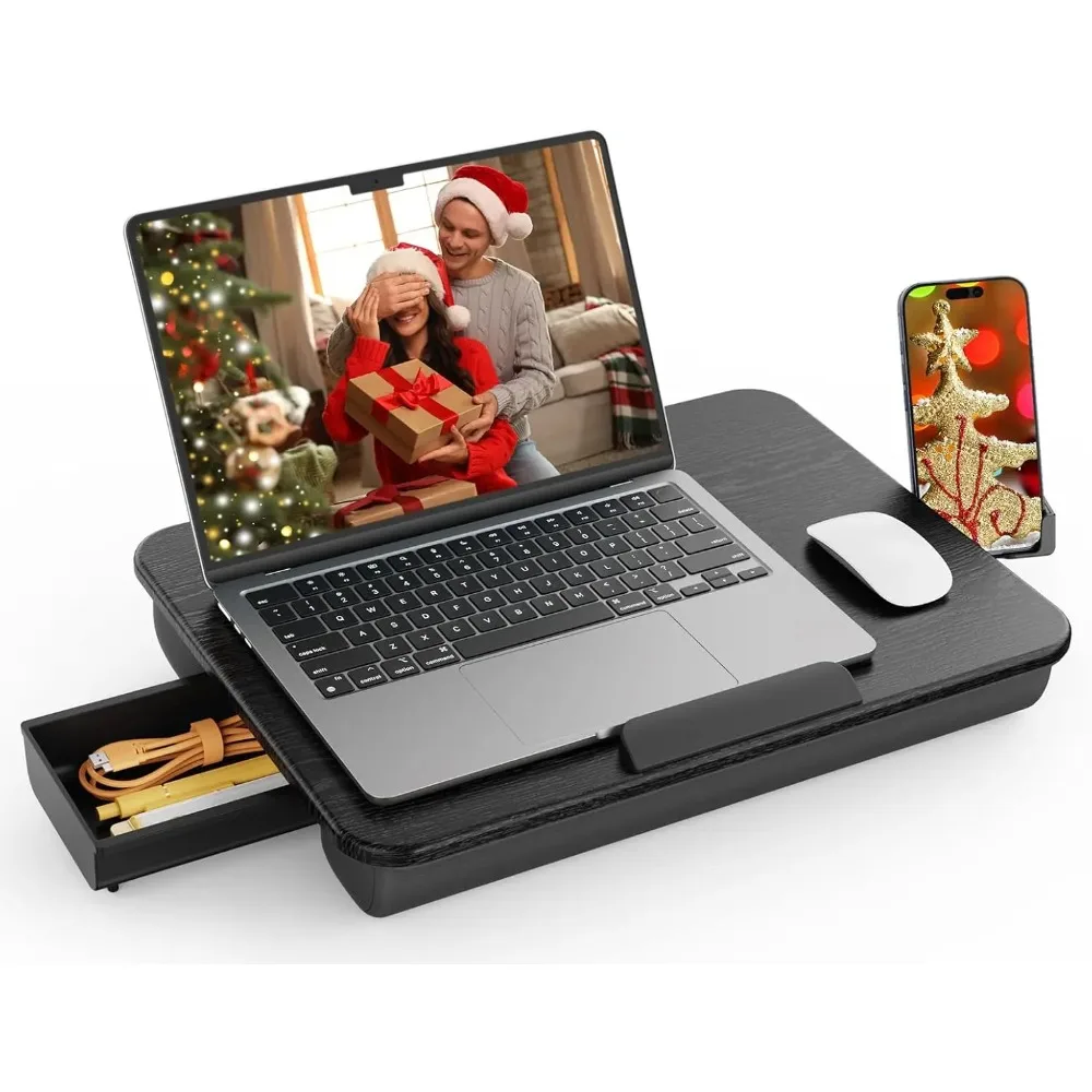 

Портативный стол для ноутбука с подушкой, ящиком для хранения, держателем для телефона, ручкой для переноски ноутбуков до 15,6 дюймов