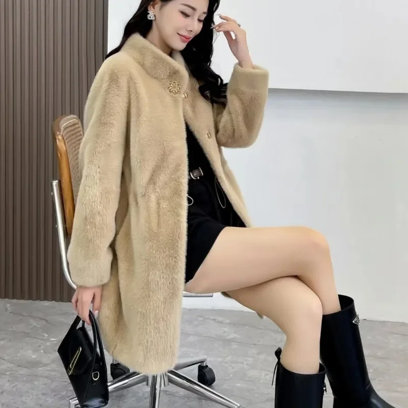 Mink Fleece Coat Medium Long Fur One Piece Coat Gold Mink Fleece Coat 2023 Winter New Standing Collar Fur Coat Solid Commuter B1