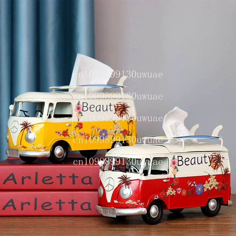Industrial Wind Bus Tissue Box Iron Art Retro Model Car Tissue Storage Box for Office Home Decoration Creative Paper Holder