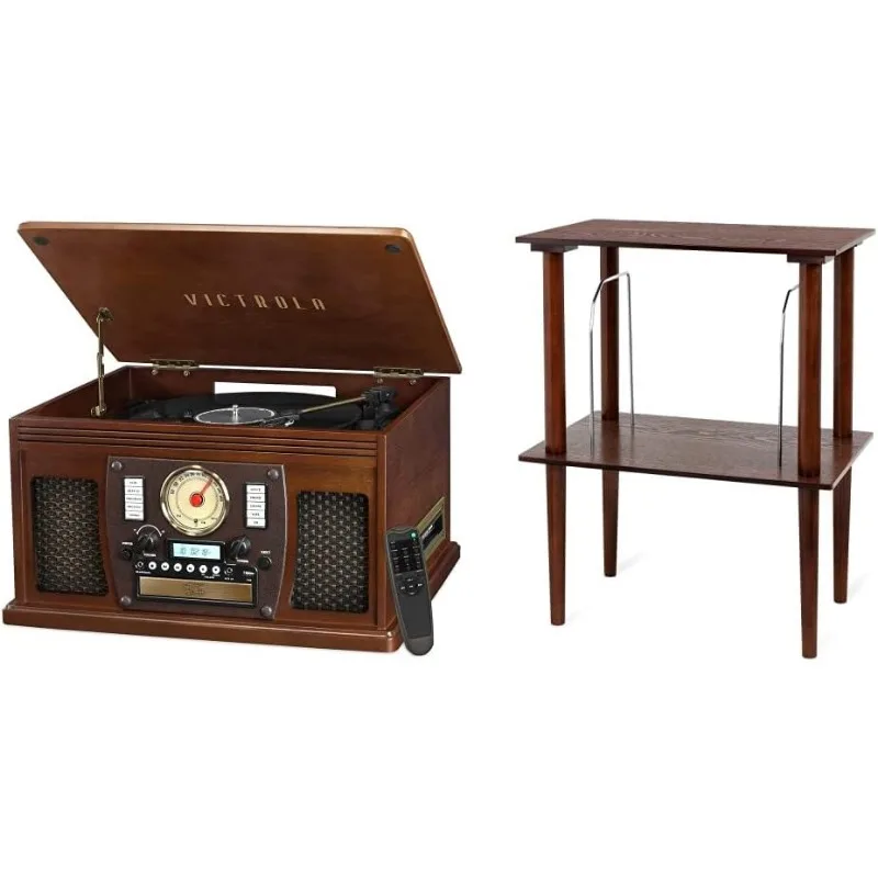 

VTA 600B-ESP Navigator 8-In-1 Classic Bluetooth Record Player with 3-Speed Turntable, Brown & Wooden Stand for Wooden