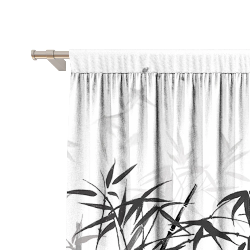 2PC Home Decoration Curtains, Elegant Bamboo Ink Painting With Pole Bag Curtains, Kitchen, Coffee Shop, Living Room, Balcony