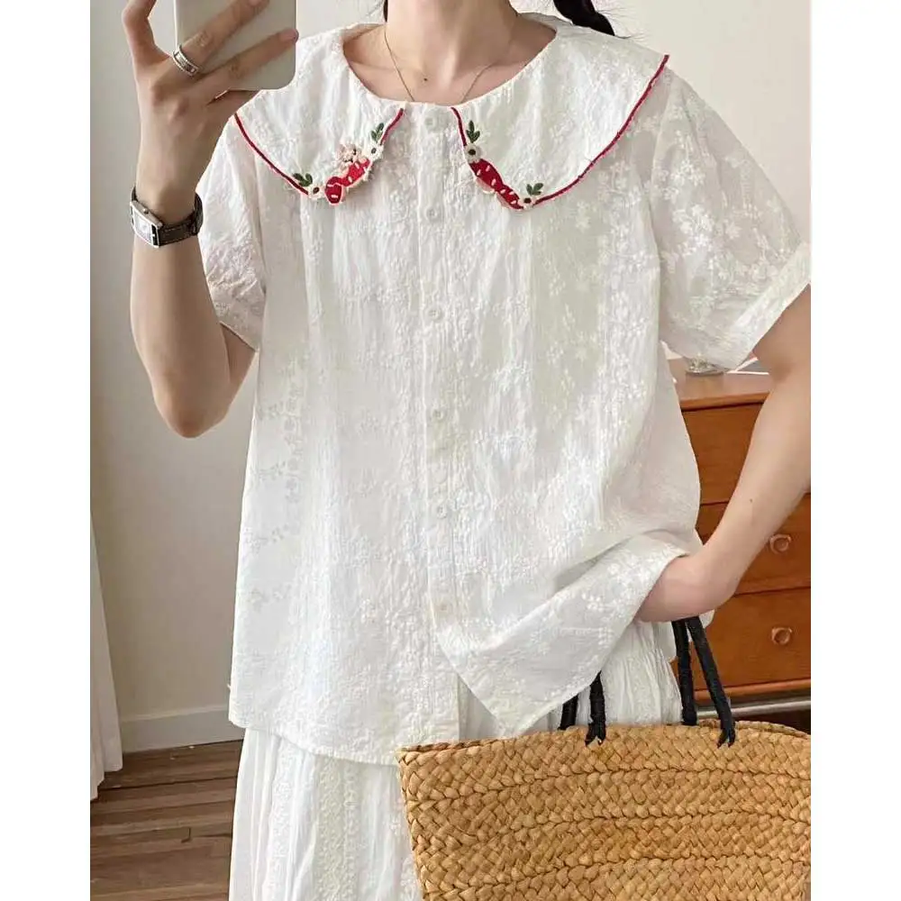 

Японские милые хлопковые рубашки с вышивкой для девочек Mori, женские летние новые милые повседневные свободные блузки с воротником Питера Пэна и короткими рукавами