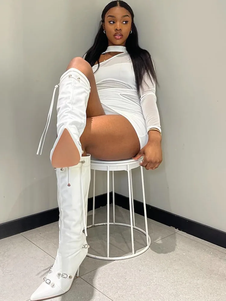 Articat elegante manga longa oco para fora vestido de cor sólida feminino sexy malha retalhos fino ajuste vestido apertado festa boate vestidos