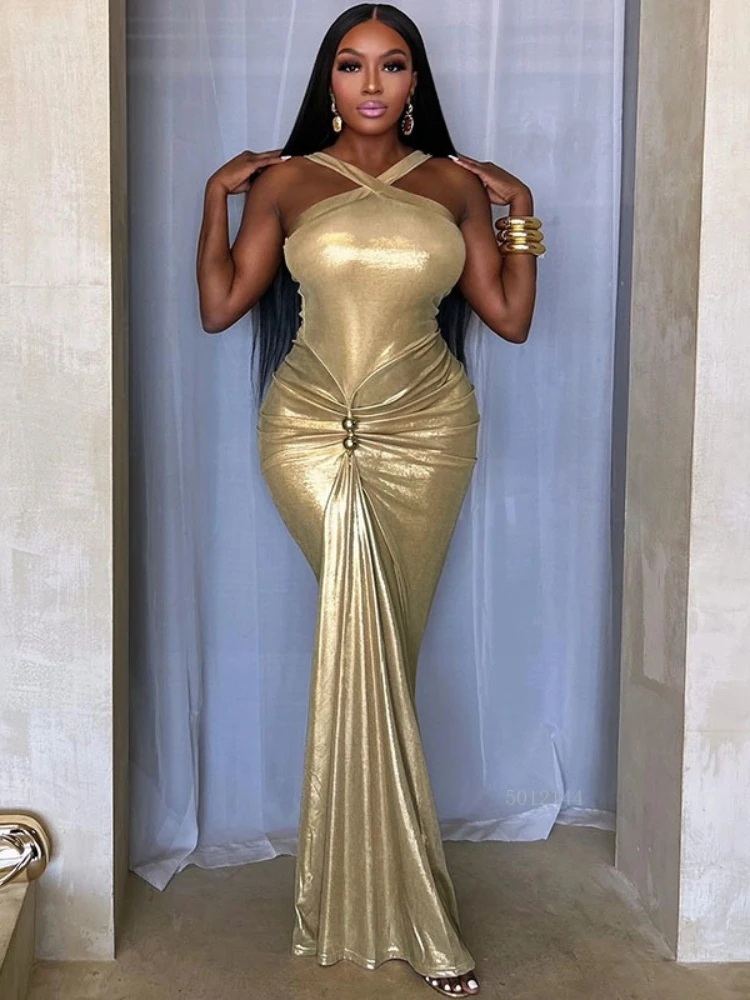 Doyerl brillant métallique robe de fête d'anniversaire femmes soirée de mariage sans manches froncé perles gaine mince boîte de nuit robes de bal