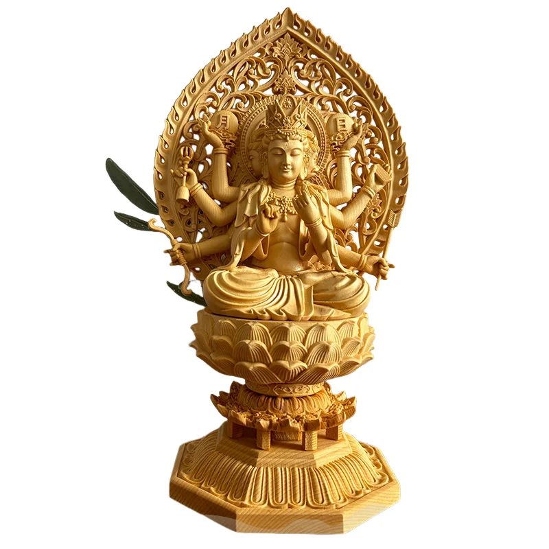 Cypress Wood Carved Three Sides Eight Arms Buddha Mother Statue Solid Wood Home Decor Craft Ornament Gift
