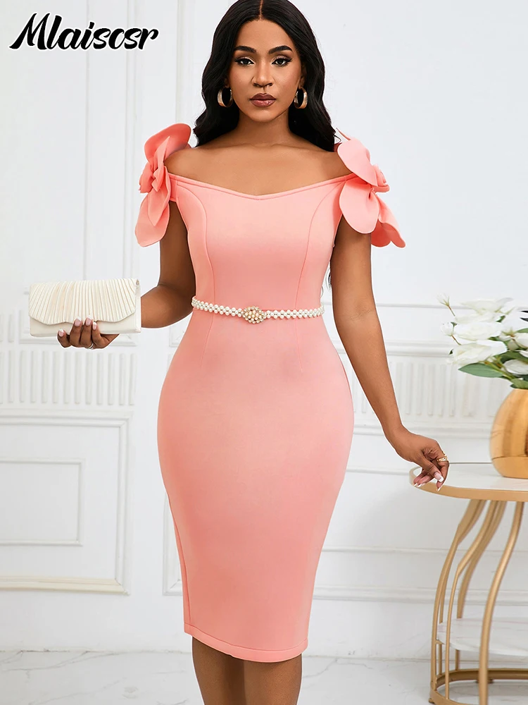 Mlaiscsr Sexy Off the Shoulder Petal Sleeve Mid Dresses with Sashes Woman Clothing Office Lady Elegant Birthday Party Prom Robe