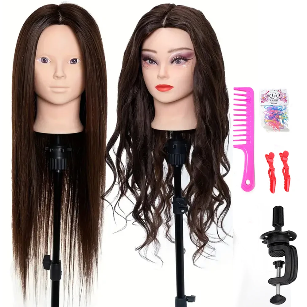 85%Real Human Hair Hairdresser Practice Mannequin Training Head Cosmetology Makeup On Long Hair Manikin Doll Head With Tools