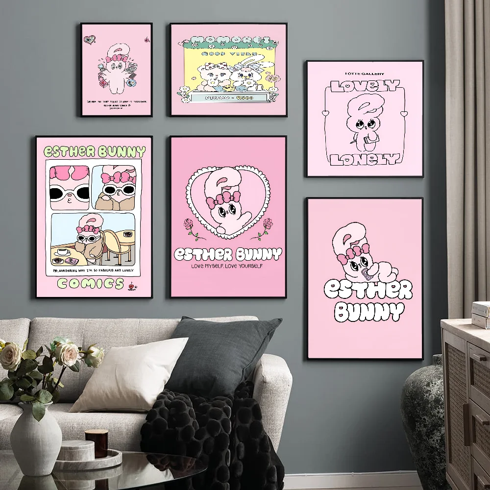 Poster Anime Esther Bunny poster Retro seni dinding berkualitas HD lengket untuk dekorasi ruangan Kawaii rumah