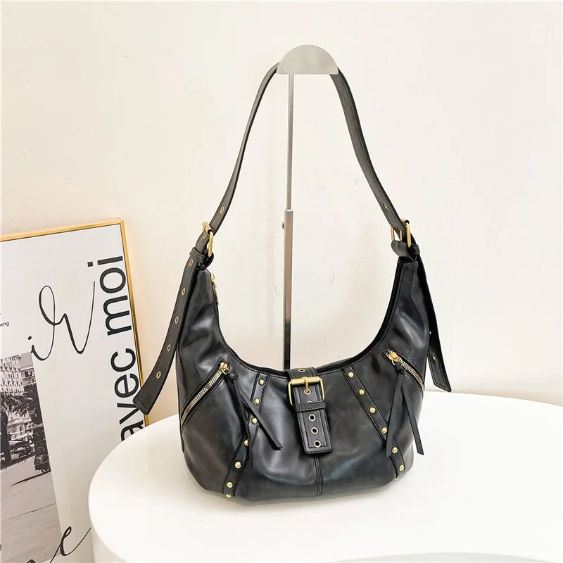 

Shoulder Bags Y2K Retro Style Shoulder Bag, Maillard Pleated Rivet Armpit Bag, Fashionable Ladies Cool Leather Shoulder Bag