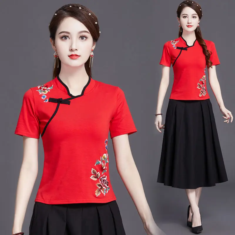 Traditional chinese clothing womens plus size tops 2024 summer cotton blend embroidery color splicing tang costume shirts woman