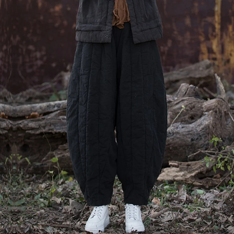 Women Ethnic Vintage Quilted Pants Elastic High Waist Baggy Oversized Harem Trousers One Size Loose Warm Cotton Linen Winter Pa