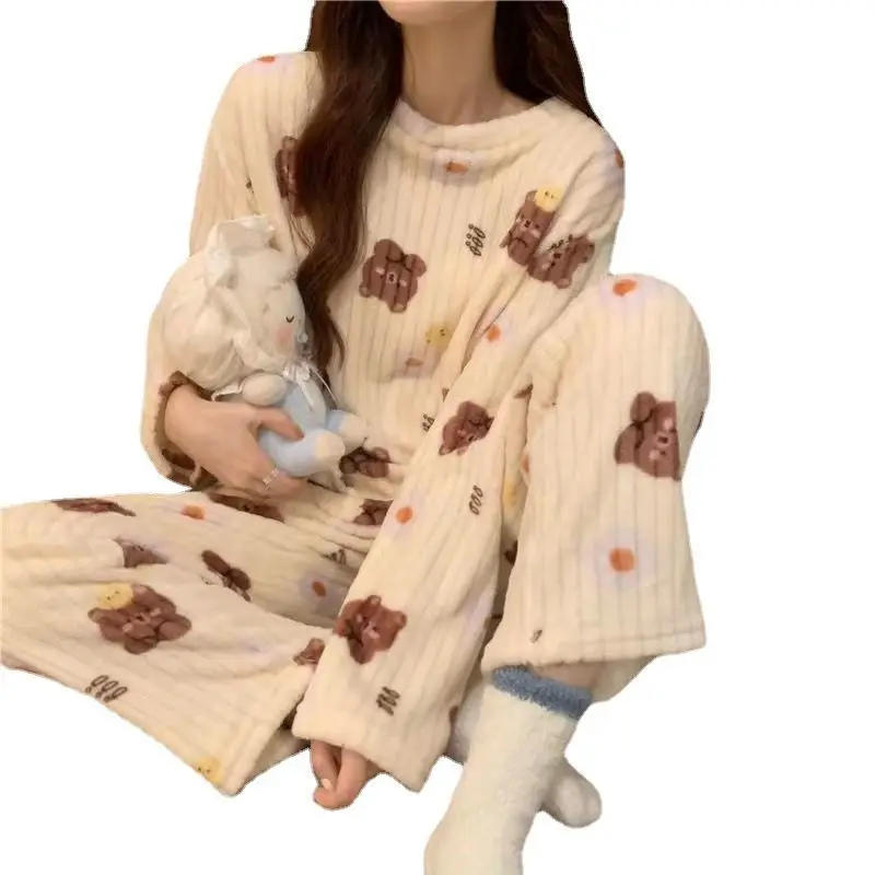 Autumn Winter Warm Flannel Fleecing Women Pyjamas Sets Thick Coral Velvet Long Sleeve Cartoon Sleepwear Thin Flannel Pajamas Set