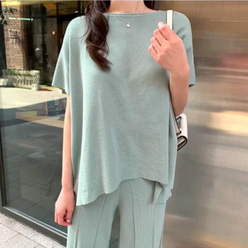 

Fashion Tracksuit Women Knitwear Casual Batwing Sleeve Long Pullover Tops Pleated Wide-leg Pants Temperament 2 Piece Set Female