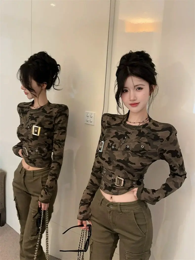 Taktische Camouflage Langarm-T-Shirts für Damen Herbst Coquette Sexy Y2K Top mit Gürtel Trendige Mode Übergroße Figurbetonte Basic-Tees – Detail 7
