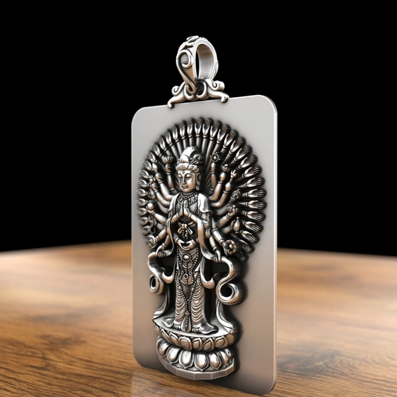 BOCAI S999 Sterling Silver Pendants for Women Men Zodiac Rat Man's Primordial Buddha Standing Thousand Handed Avalokitesvara