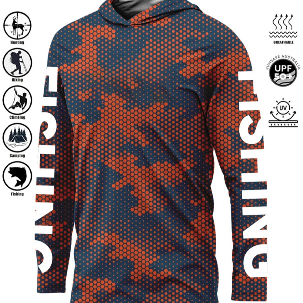 UPF 50+ Uv Protection Quick Dry Tops Outdoor Fashion Fishing Hoodie Printing Fishing Shirt Men\'s Long Sleeve Performance Shirt