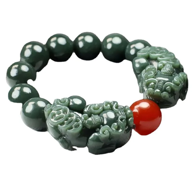 Pulsera Pixiu doble de jade verde Pulsera de cuentas de Buda Pulseras para hombres y mujeres