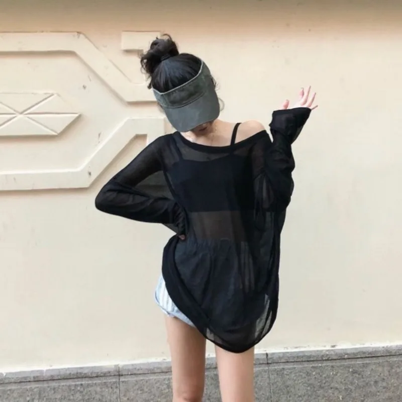 Camisetas transparentes de manga larga para mujer, camisetas informales cómodas que combinan con todo, estilo coreano, liso, transparente
