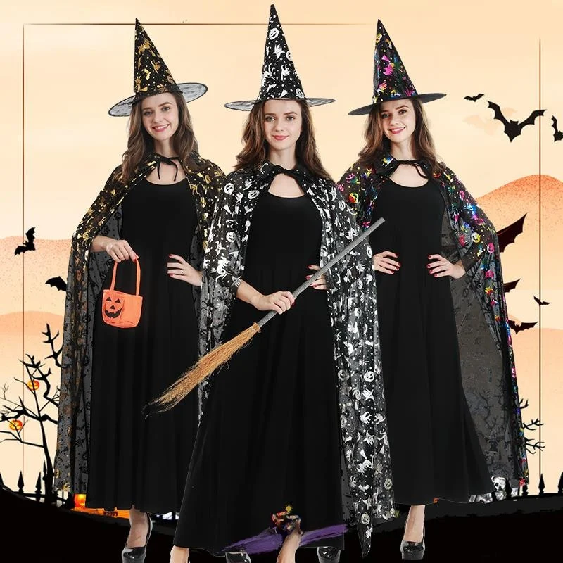 زي ساحرة جديد للهالوين للنساء البالغات، عباءة تنكرية، ملابس نسائية، زي مسرحي من ألياف ثلاثية الأسيتات 00%