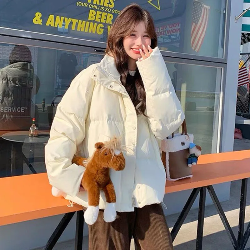 Hdspq Winter Woman Thicken Warm Parkas Girl Young Sweet White Stand-Up Collar Jacket Korean Loose Puffer Parkas for Women Coat