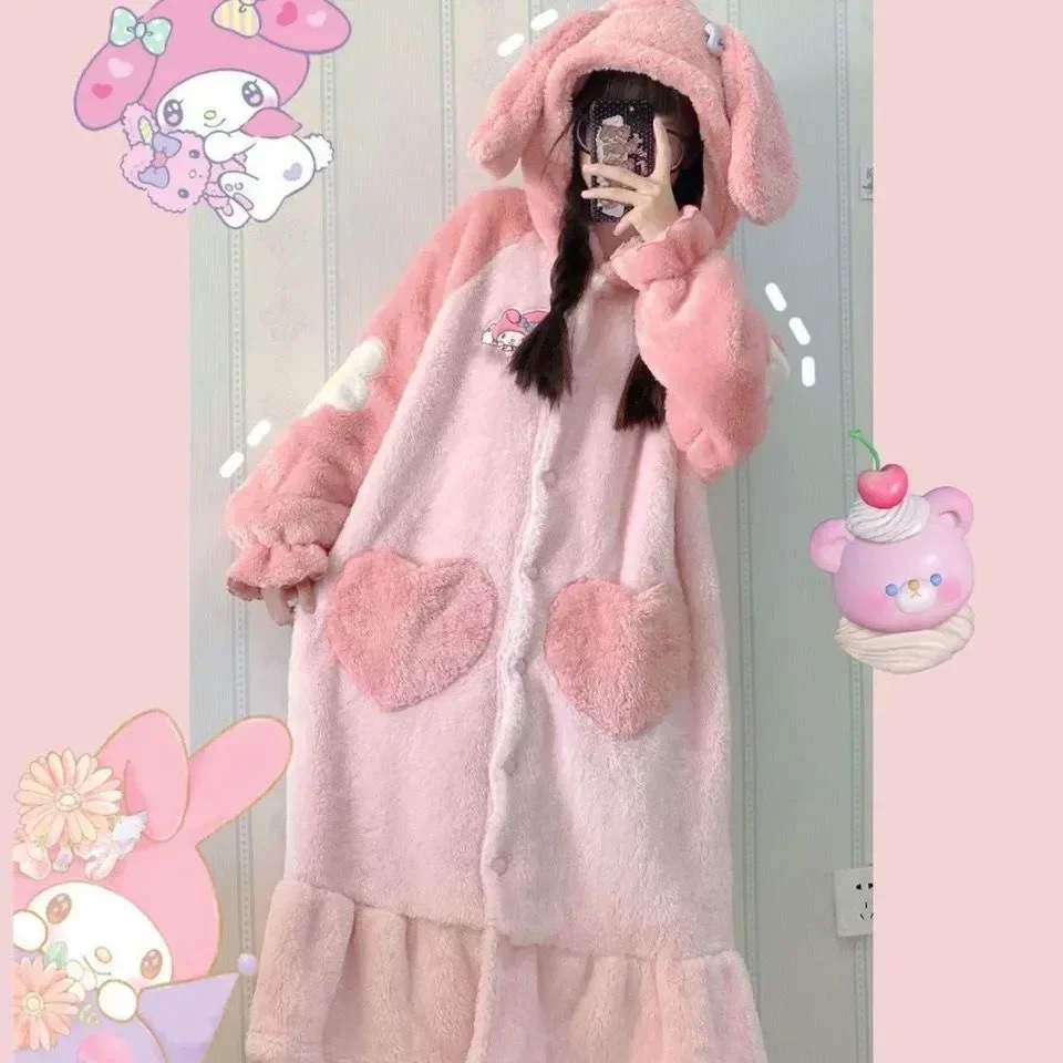 Kawaii Sanrio Winter My Melody Cute Girls Plush Pajamas Thickened Coral Velvet Pajamas Flannel Thickened Nightgown Home Clothes