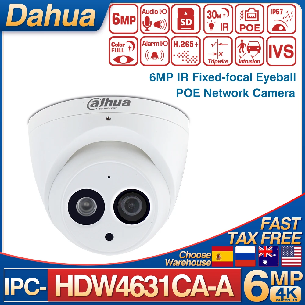 Dahua 6MP IPC-HDW4631C-A POE Mini Dome IP Camera Built-in MIC CCTV 50M IR Night Vision Surveillance Network Camera