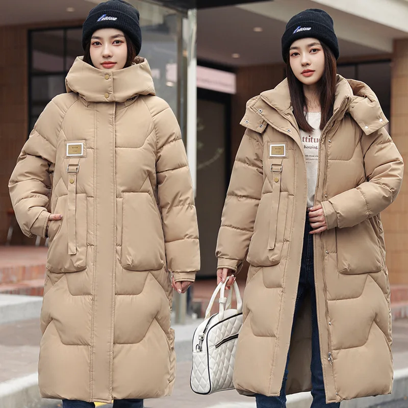 2023 Winter New Detachable Hat Down Cotton Coat Women\'s Long Knee Thick Parkas Female