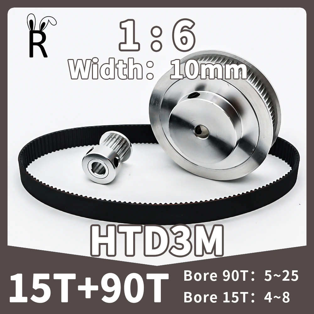 15T 90T HTD 3M Timing Pulley Set Belt Width 10mm Reduction 6:1 3M 15Teeth 90Teeth Belt Pulley Kit HTD3M Synchronous Wheels Set