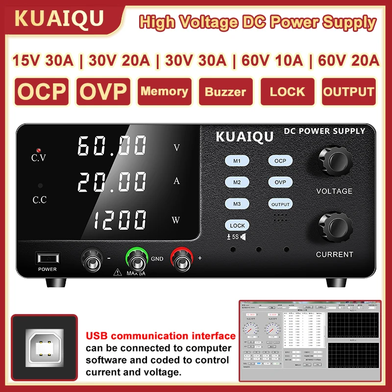 

KUAIQU High-Voltage Lab DC Motor Driver Testing Power Supply 12V 24V 36V 48V Adjustable Stabilizer Source USB Port OCP OVP Aging