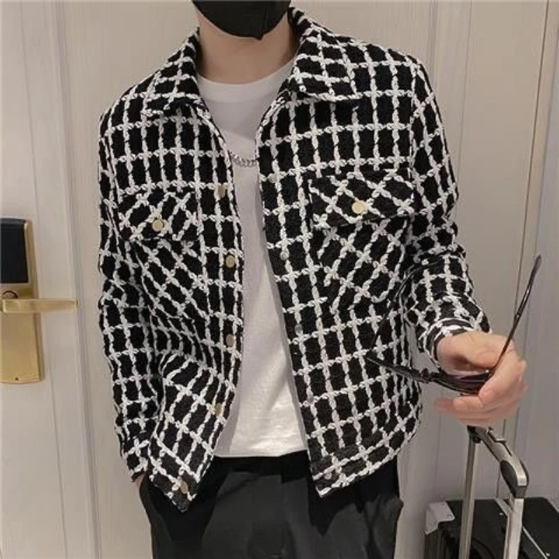 

​ 2025 мужское шерстяное пальто в клетку с флисовой подкладкой, осенне-зимняя утолщенная уличная куртка для мужчин, острая многослойная верхняя одежда ​