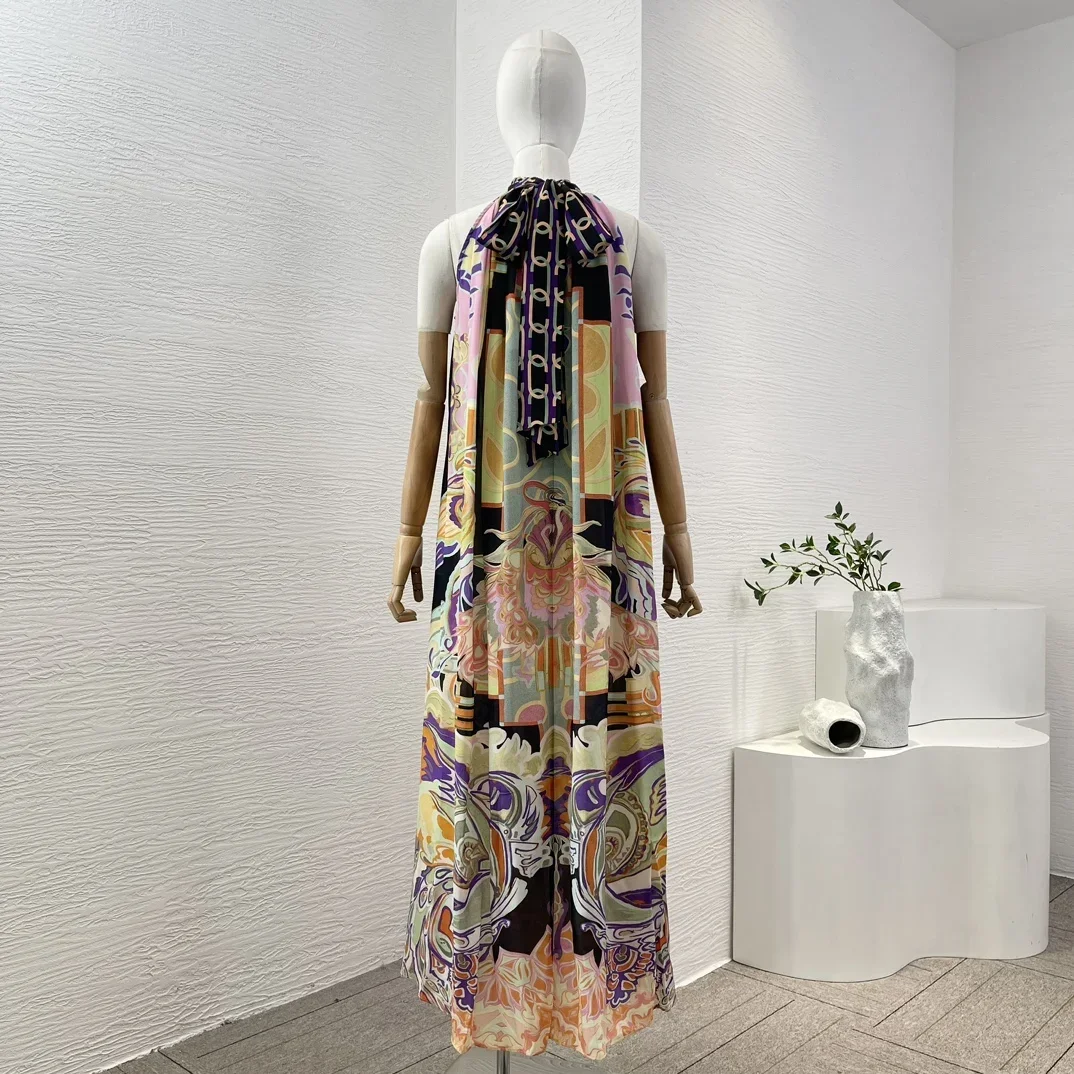 New Collection Silk Multicolor Floral Print Sleeveless Halter Women Loose Midi Dress