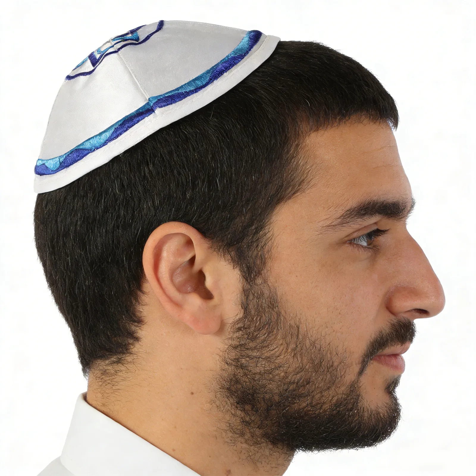 White Silk Kippah Embroidered Star of David Prayer Cap Men Boys Yarmulke for Bar Mitzvah Shabbat Jewish Holidays Religious