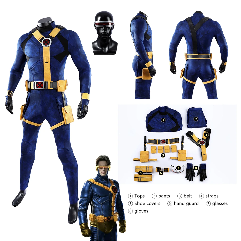 Herren Blauer Cyclops Cosplay Kampfanzug mit Brillen-Zubehör-Set Superheld Scott Halloween Rollenspiel Kampfanzug Maßanfertigung