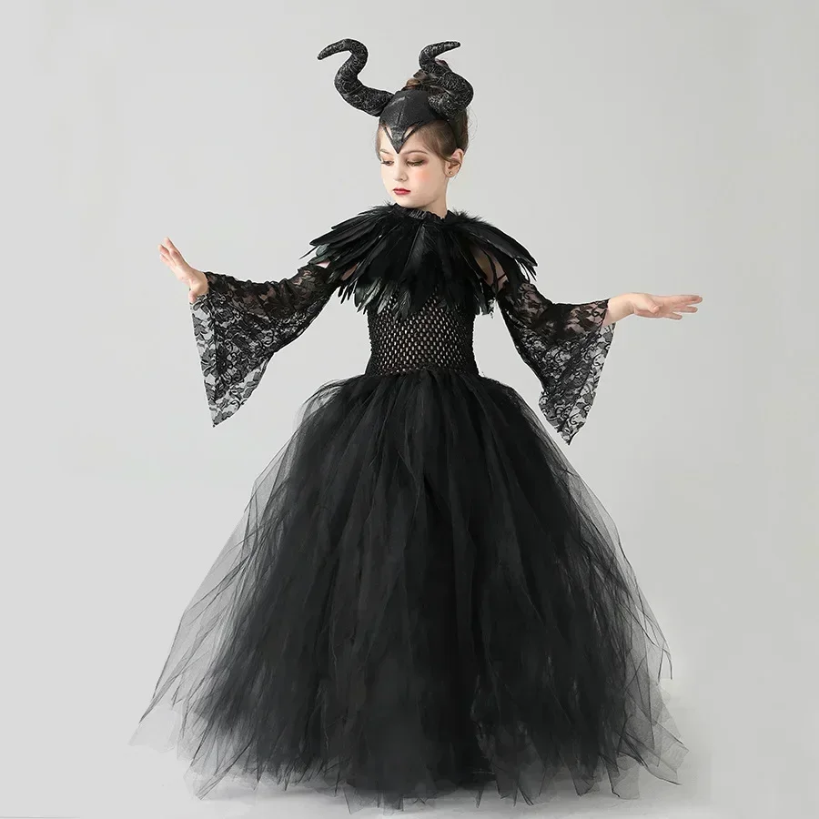 Dunkles Gothic-Cosplay-Kleid für Mädchen, Kinder-Halloween-Kostüm mit Hörnern und Flügeln, Accessoires für Party, Bühnenauftritt, Verkleidung – Detail 3