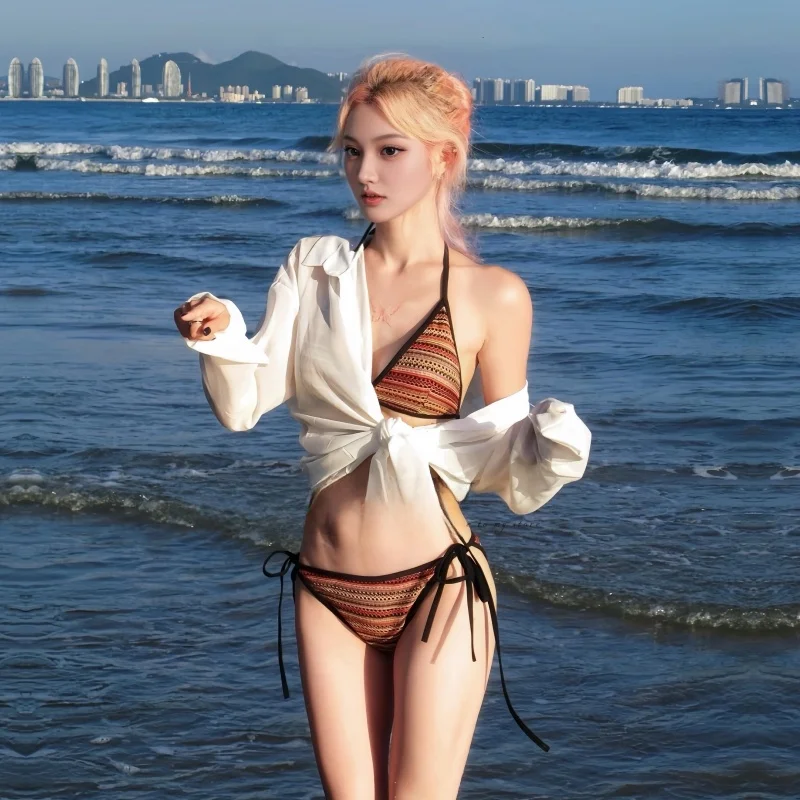 

Retro Sexy Striped Bikini Pure Desire Beach Island Vacation Women's Swimsuit Tie-Back Strap Design Swimming Costume