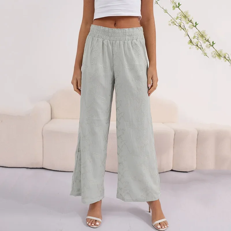 New Casual Pants Temperament Commuting Elastic Waist Slightly Wide Embroidered Trousers Women's Clothing