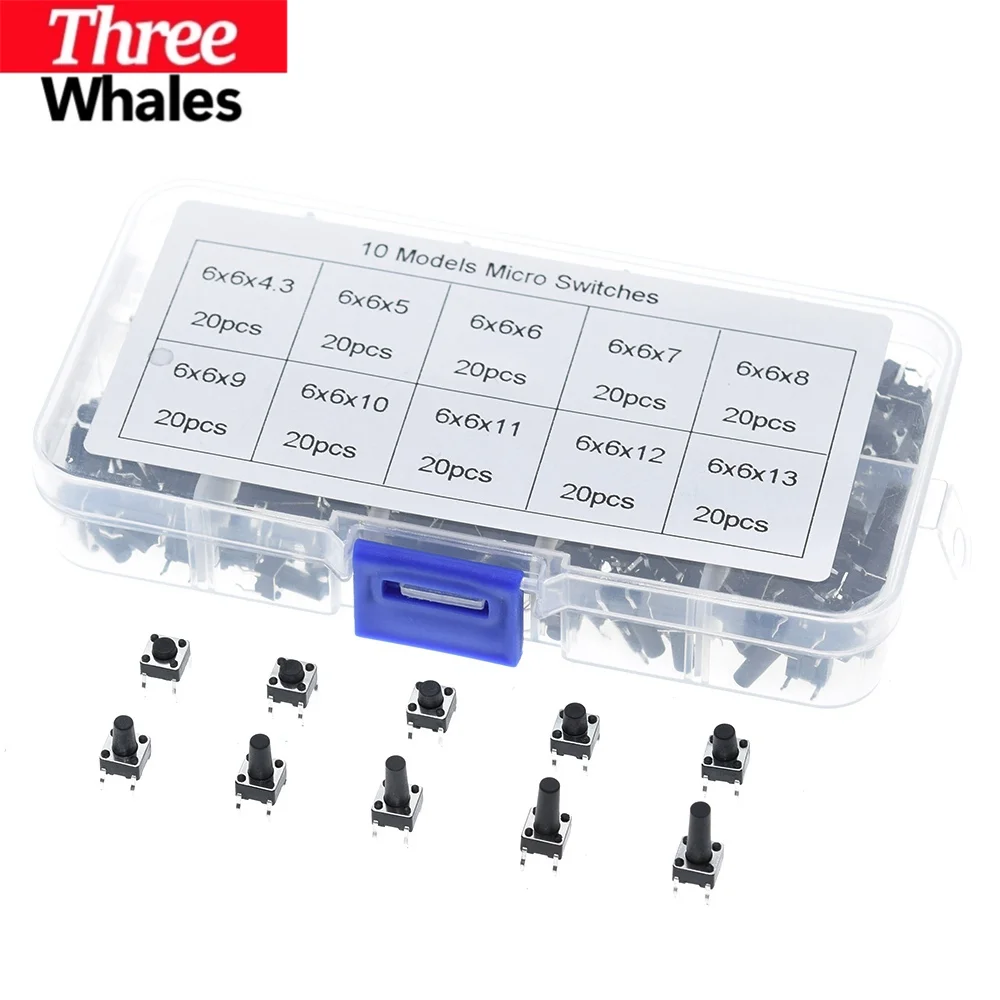 10 kinds 100/200PCS 6*6 Tact Switch Tactile Push Button Switch Kit,Height: 4.3MM~13MM DIP 4P micro switch 6x6 Key switch THR
