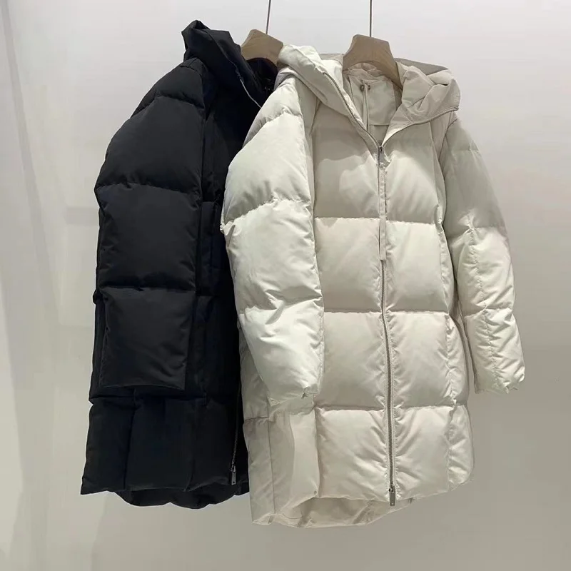 Female Warm Winter 2022 New in Medium Length Long Loose Casual 90 White Duck Down Hooded Feather Puffer Coats Down Jacket Women