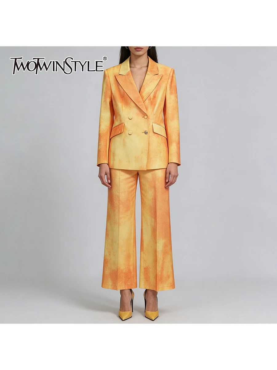 

TWOTWINSTYLE Fashion Tie Dye Two Piece Sets for Women Lapel Long Sleeves Spliced Double Breasted Blazer Wide Leg Pant Set Female
