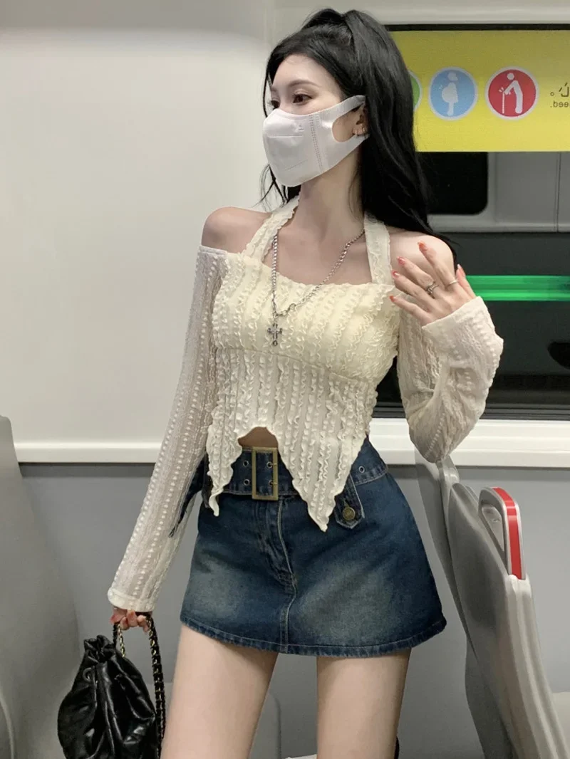 2025 Blouse femmes Slash cou à manches longues tunique chemises mode plis irréguliers culture hauts été Blouses Sexy 2025 Blusas De Mujer